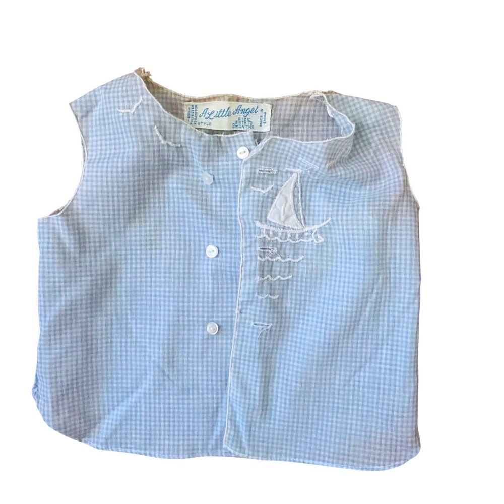 Vtg A Little Angel Baby Gingham Sailboat Shirt Blue White 0-3 Months Nautical